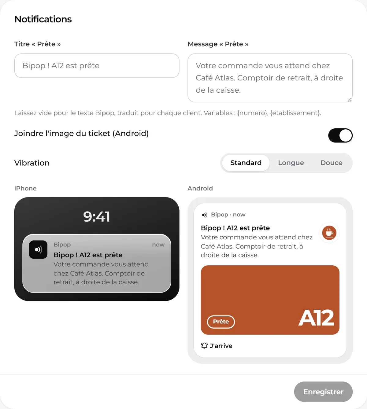 Réglages des notifications avec aperçus iPhone et Android